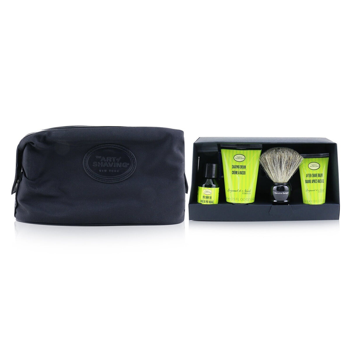 Luxurious shaving set with Bergamot & Neroli, includes pre-shave oil, shaving cream, balm, brush, and razor in a chic bag.