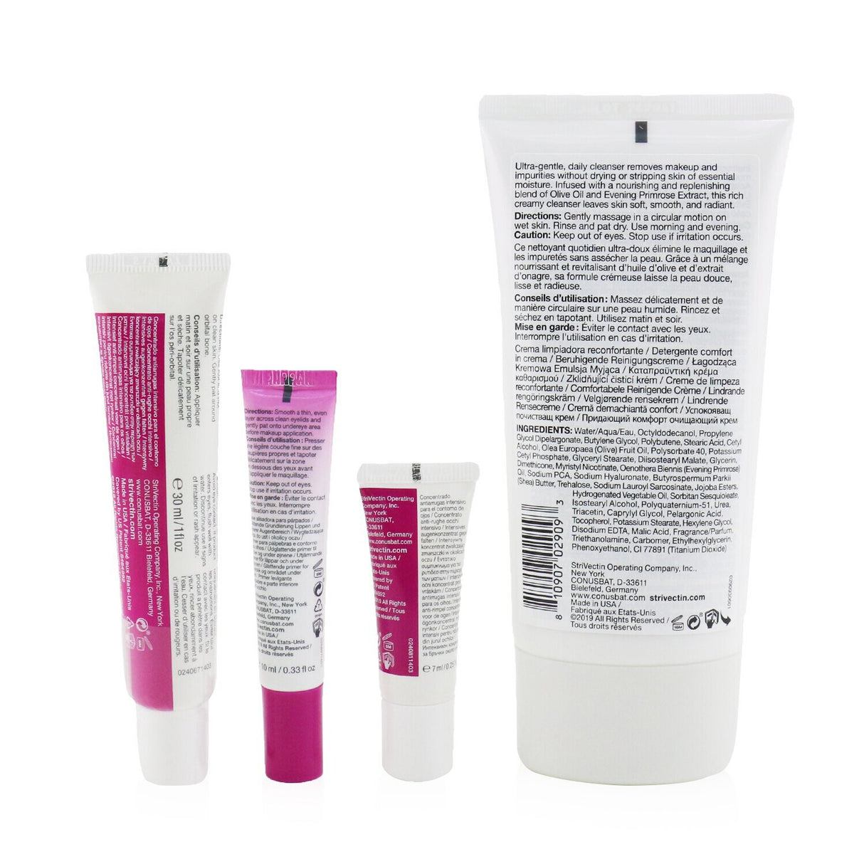StriVectin Skin Transforming Collection trio: cleanser, eye concentrate, and brightening primer for revitalized, youthful skin.