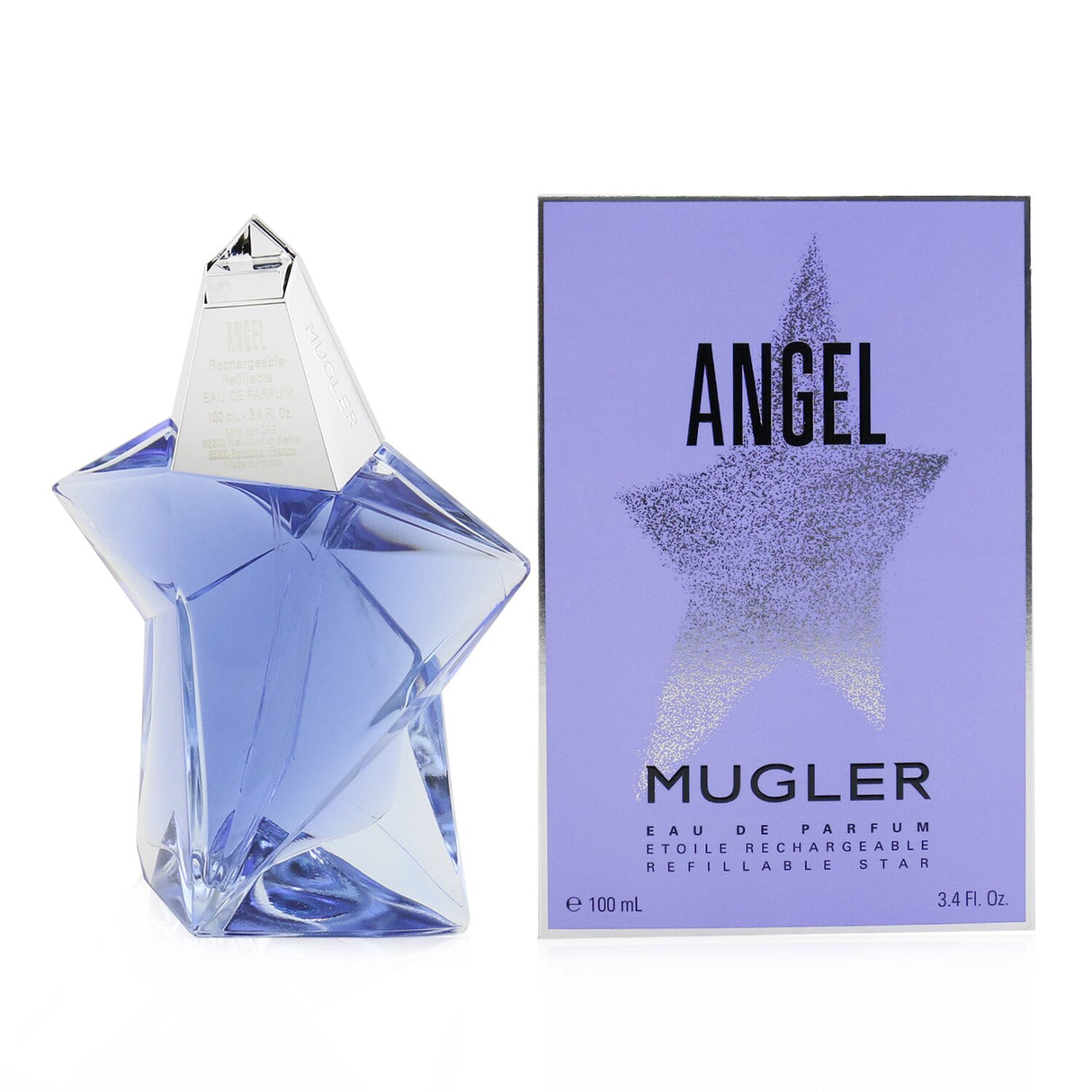 Thierry Mugler's Angel Eau De Parfum in a refillable star bottle, featuring fruity and woody notes for contemporary elegance.