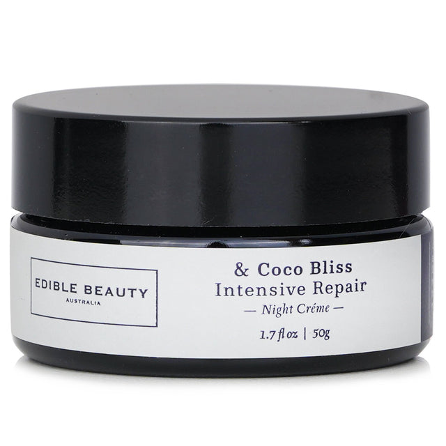 Edible Beauty Coco Bliss Night Creme: Lush, hydrating cream with shea, cocoa, and antioxidants for youthful skin rejuvenation.