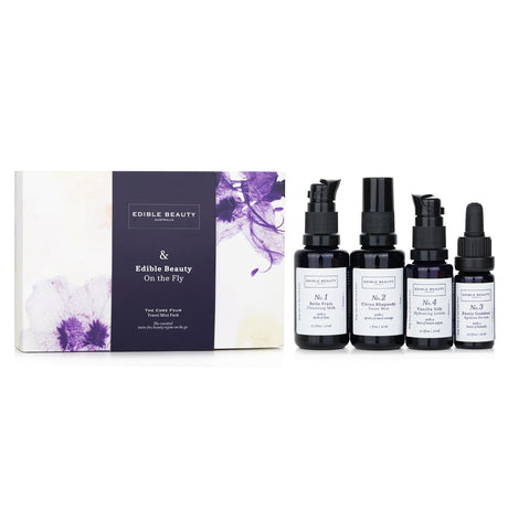 Travel-sized skincare kit including cleansing milk, toner mist, serum, and lotion for radiant skin on-the-go.