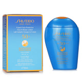 Shiseido Expert Sun Protector SPF 50+ lotion, invisible, lightweight, and water-resistant for face and body sun protection.