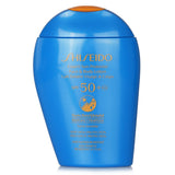 Shiseido Expert Sun Protector SPF 50+ lotion blends invisibly, offering high UV protection and a moisturizing formula for face and body.