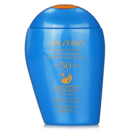 Shiseido Expert Sun Protector SPF 50+ lotion blends invisibly, offering high UV protection and a moisturizing formula for face and body.