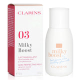 Clarins Milky Boost Foundation in #03 Milky Cashew, 50ml, offers adaptive coverage with micro pearls for radiant, hydrated skin.