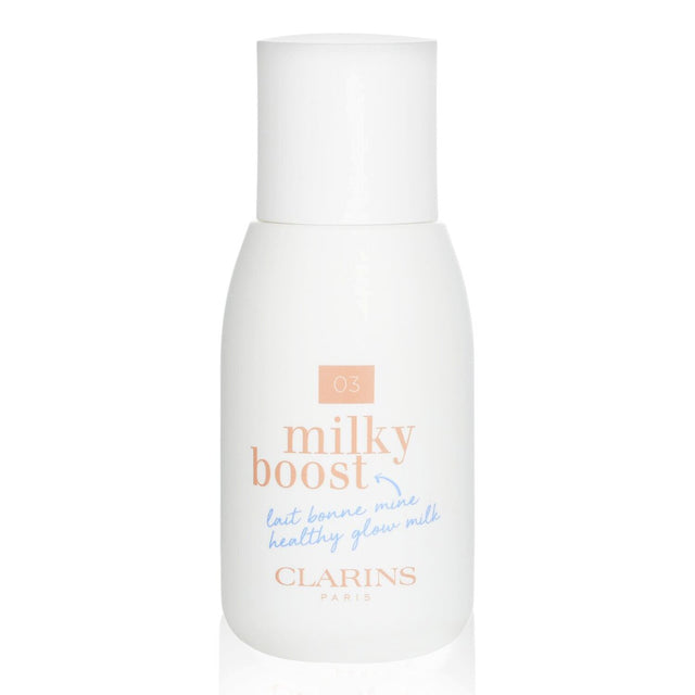 Clarins Milky Boost Foundation #03 Milky Cashew in a 50ml bottle, offering buildable coverage and a radiant glow for all skin types.