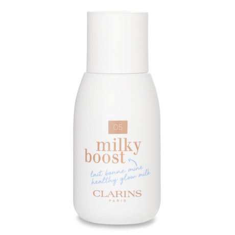 Lightweight Clarins Milky Boost Foundation #05 Milky Sandalwood, adapts to skin tone, hydrates, and enhances natural beauty.