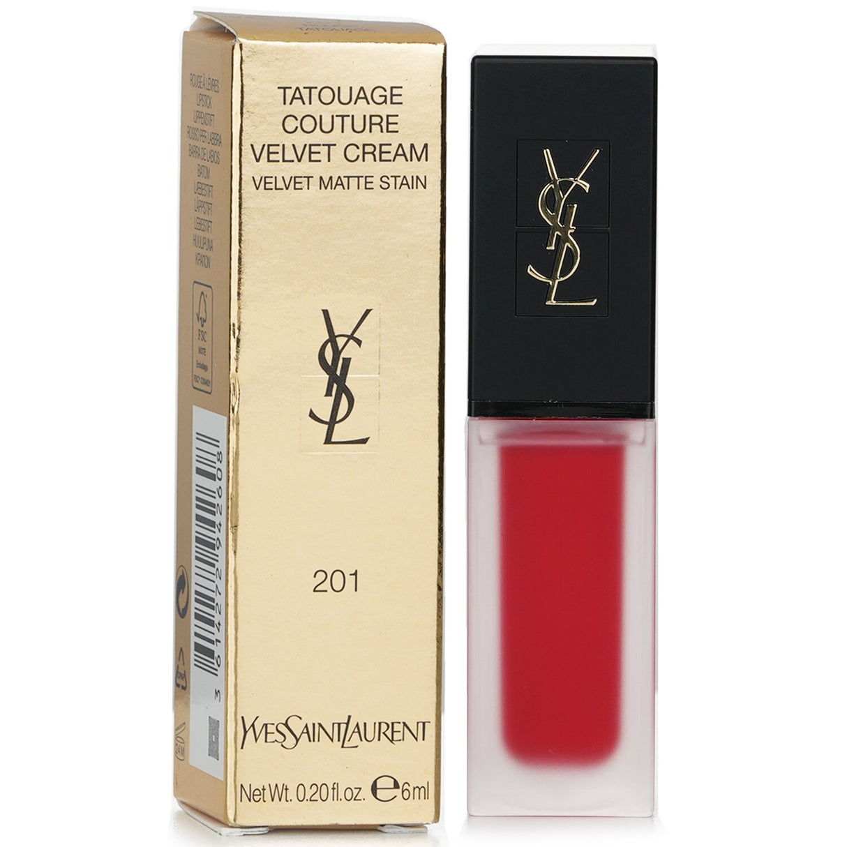 Yves Saint Laurent Tatouage Couture Velvet Matte Stain #201 in rich rouge with an angled applicator for precise application.