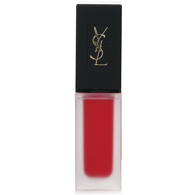 Yves Saint Laurent Tatouage Couture Velvet Cream in #201 Rouge, features a creamy matte finish and angled applicator for precise application.