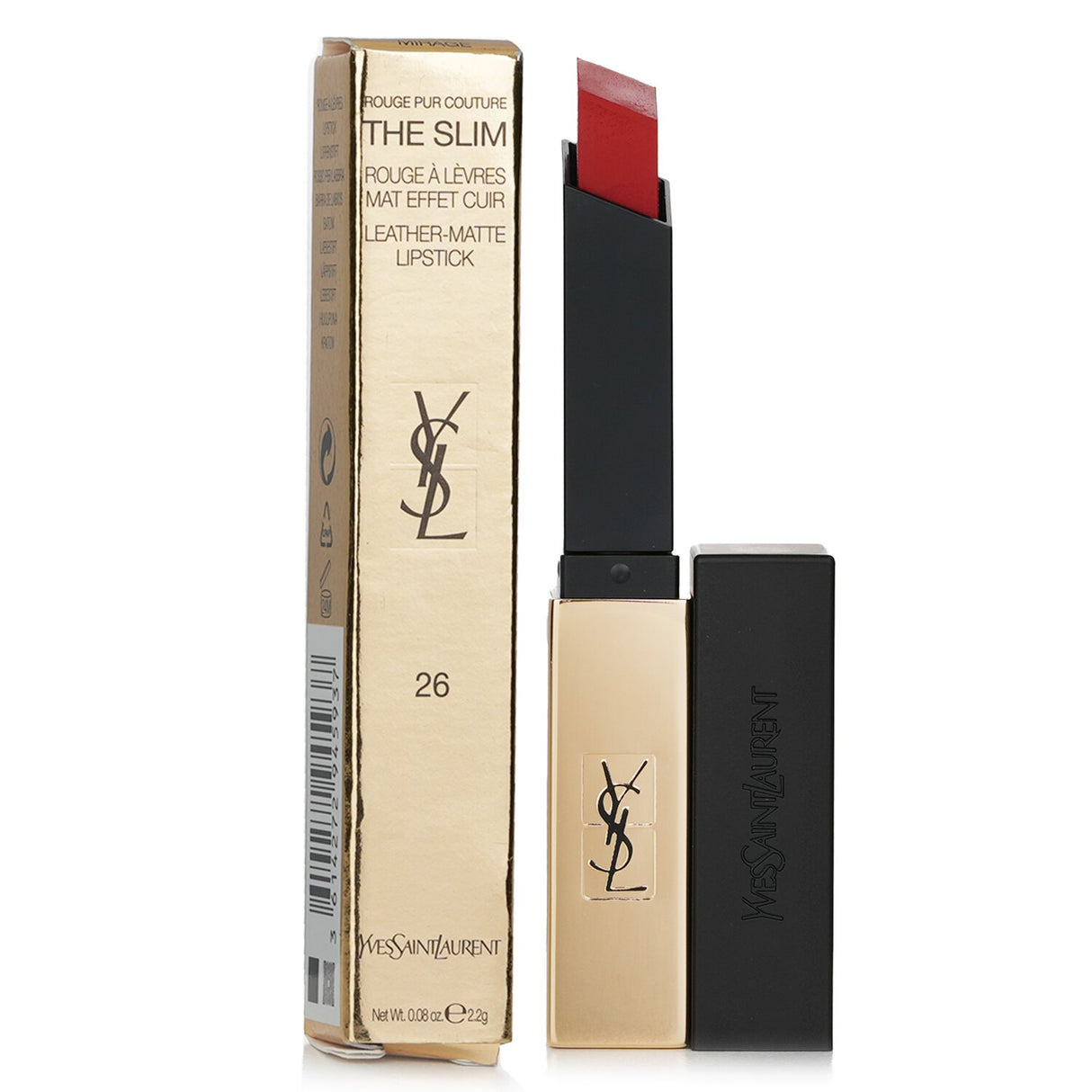 Yves Saint Laurent matte lipstick in #26 Rouge Mirage, featuring an extra-slim bullet and rich, long-lasting color.