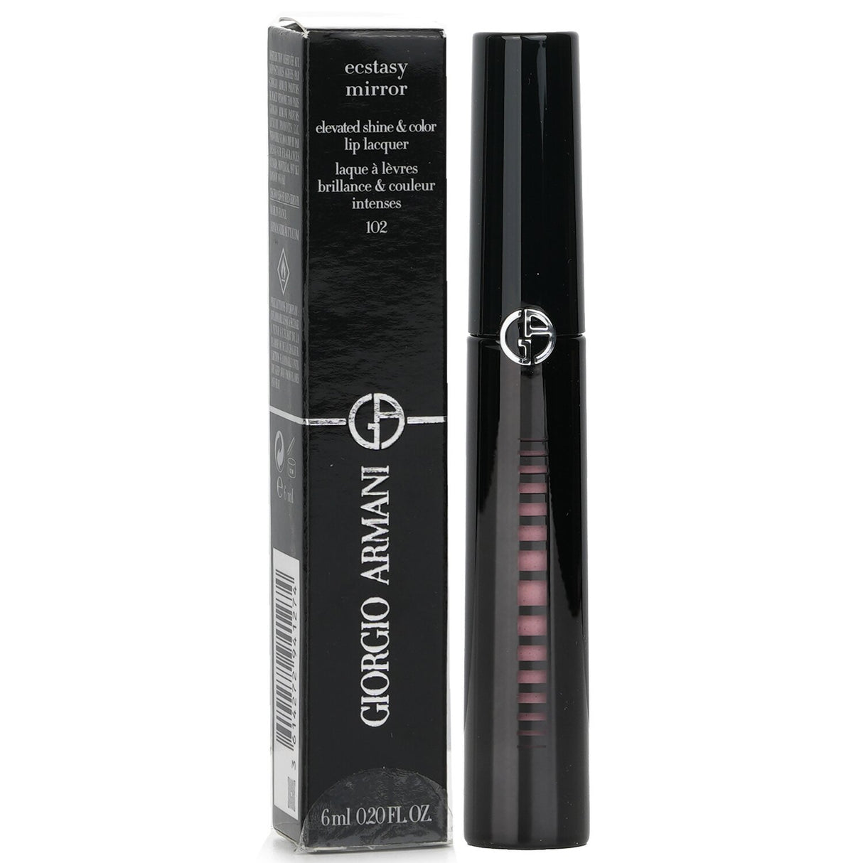 Giorgio Armani Ecstasy Mirror Lip Lacquer #102 Eclectic, showcasing vibrant color and mirror-like shine in a luxe 6ml tube.