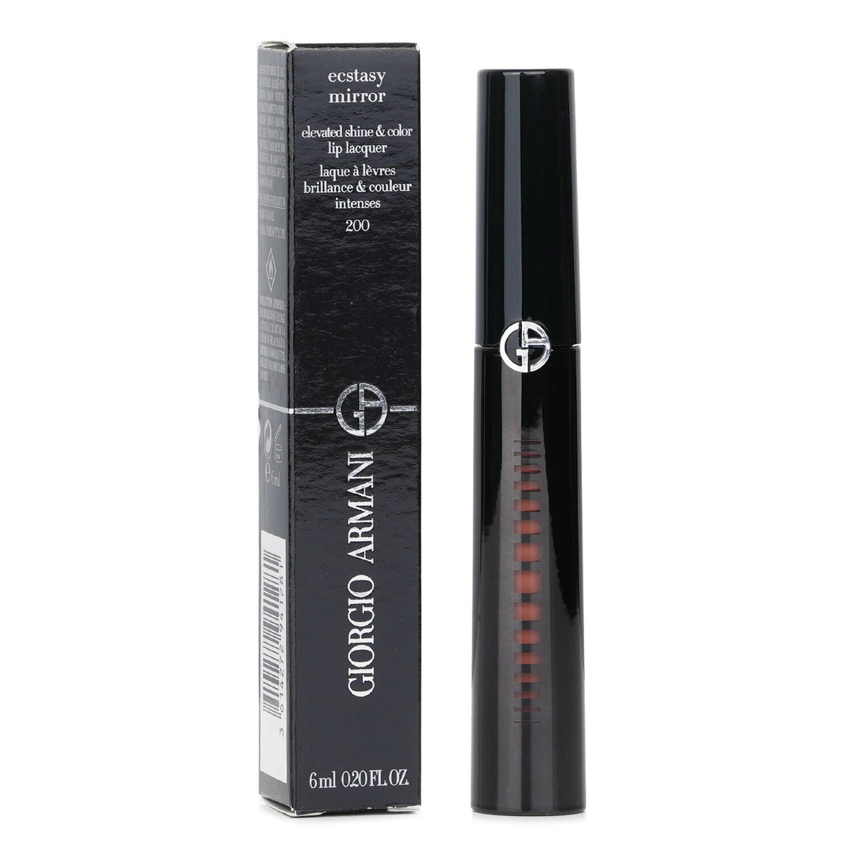 Giorgio Armani Ecstasy Mirror lip lacquer in #200 Stroke, offering intense color and mirror-like shine in a 6ml size.