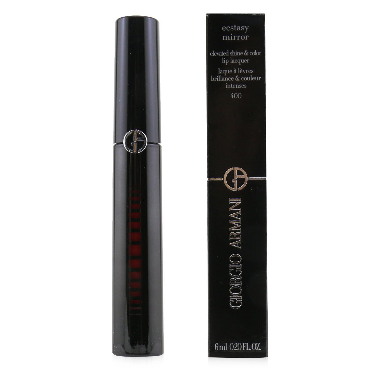 Giorgio Armani Ecstasy Mirror lip lacquer #400 Four Hundred, 6ml, offers bold color and mirror-like shine in a sophisticated finish.