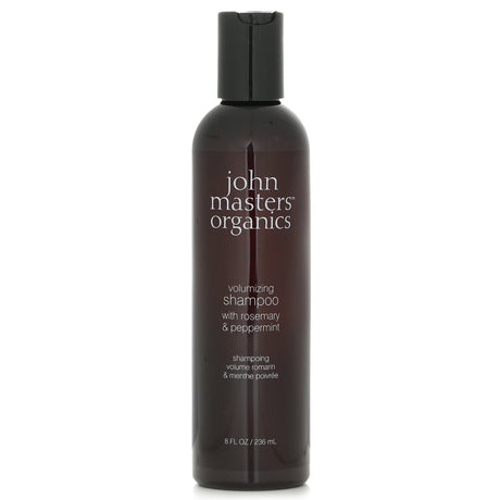 Nourishing organic shampoo for fine hair, featuring rosemary and peppermint for volume, scalp health, and cleansing.