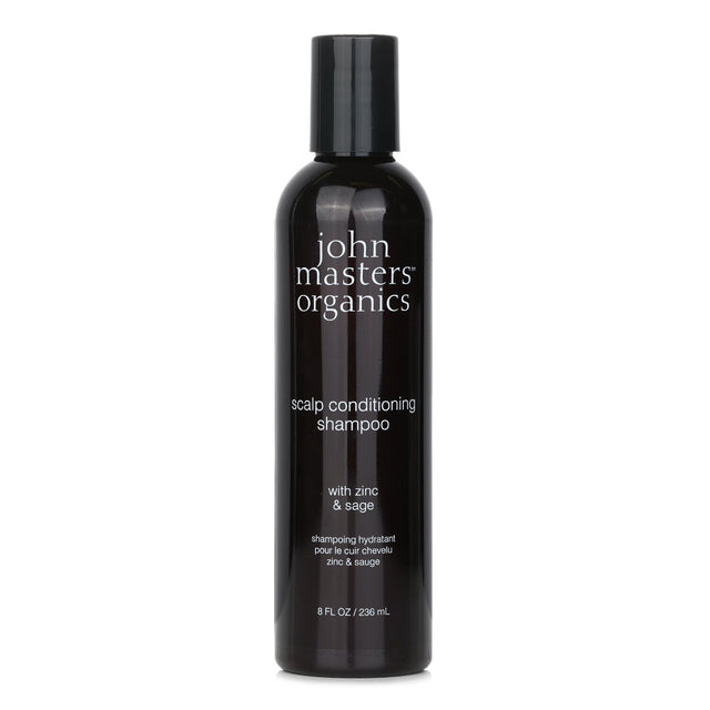 John Masters Organics Scalp Conditioning Shampoo, enriched with zinc and sage for a soothing, revitalizing hair care experience.