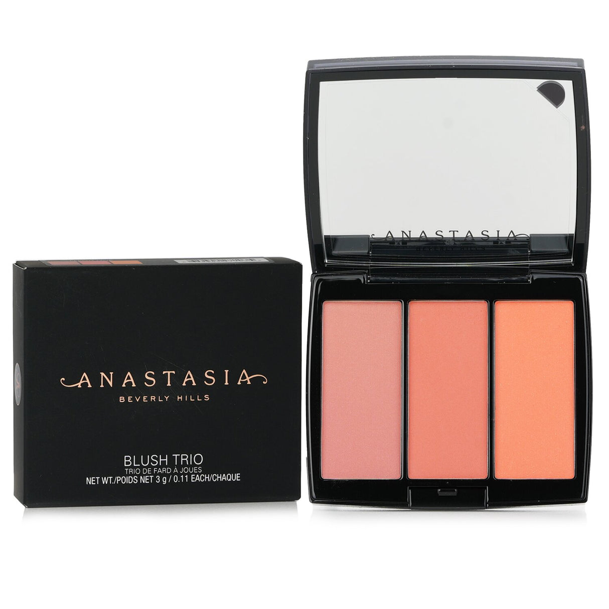 Anastasia Beverly Hills Blush Trio #Peachy Love features three blendable, full-pigment blush shades in a compact with a mirror.