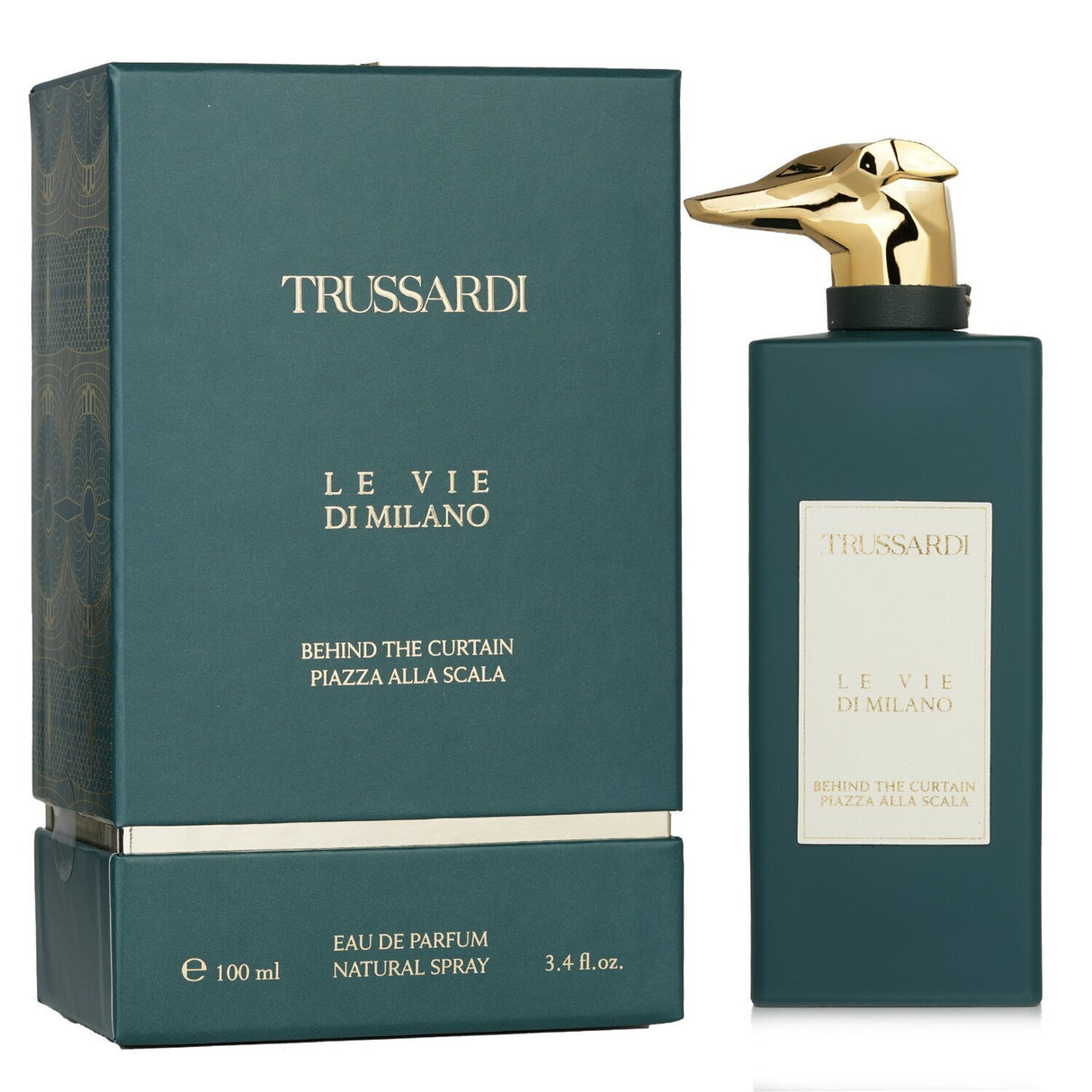 Trussardi Behind The Curtain Piazza Alla Scala Eau De Parfum in a 100ml bottle, featuring a woody and spicy unisex fragrance.