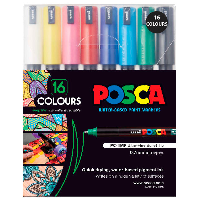 Assorted 16-pack Uni Posca markers with ultra-fine 0.7mm tips for precise, vibrant designs on various surfaces.