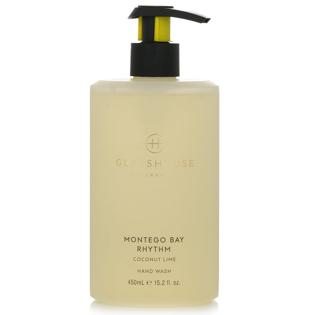 Luxurious hand wash in a 450ml bottle, featuring coconut and lime scent, enriched with Rose Hip Oil and Vitamin E.