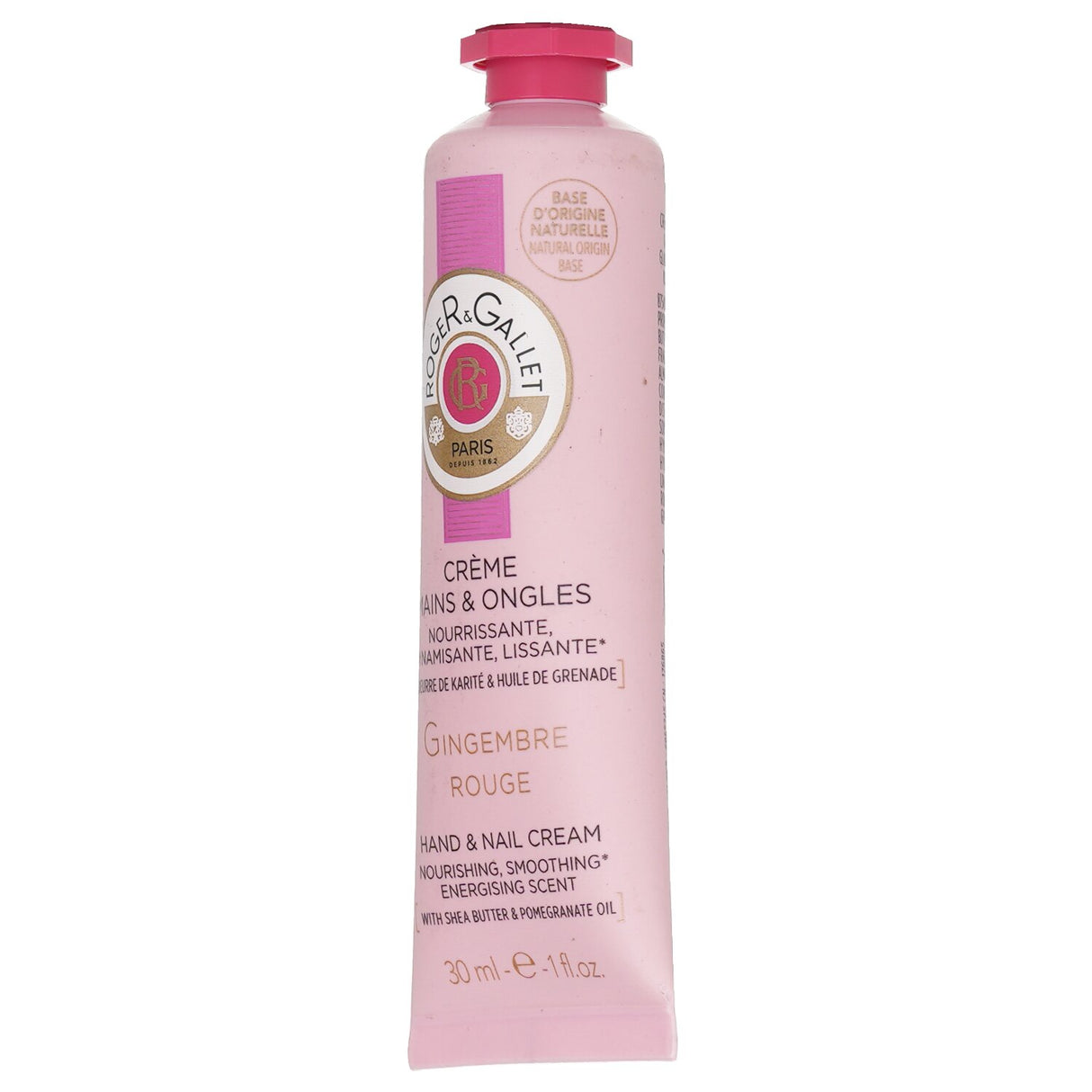 Roger & Gallet Gingembre Rouge Hand & Nail Cream in a 30ml tube, enriched with Pomegranate Oil and Shea Butter for hydration.