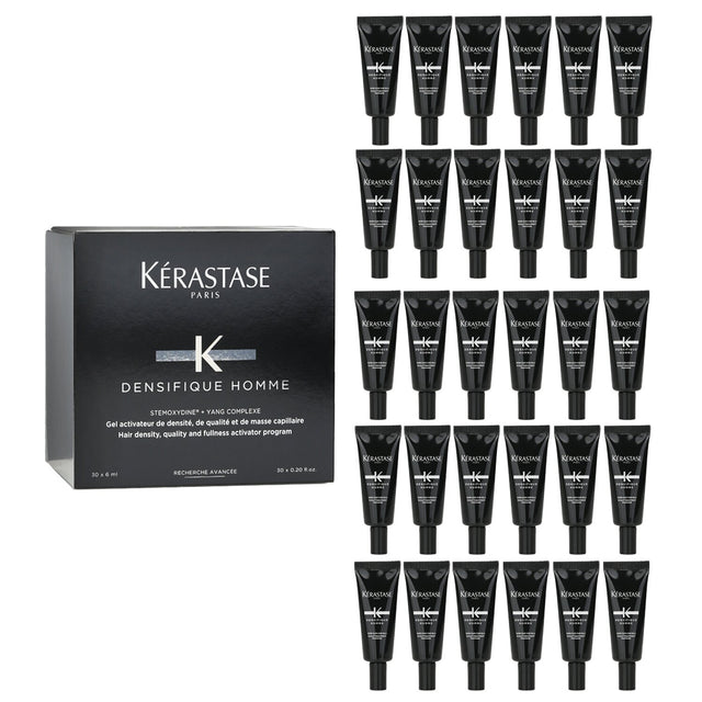 Kerastase Densifique Homme program in 30 tubes for revitalizing thinning hair with Stemoxydine and essential vitamins.