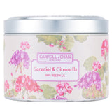 Carroll & Chan 100% beeswax tin candle in geraniol and citronella, 8x6 cm, eco-friendly with wooden wicks and insect-repelling scent.