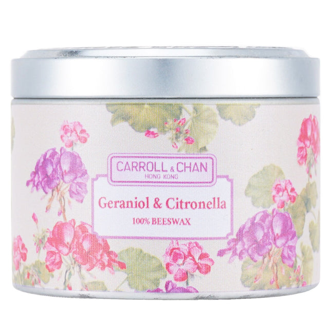 Carroll & Chan 100% beeswax tin candle in geraniol and citronella, 8x6 cm, eco-friendly with wooden wicks and insect-repelling scent.
