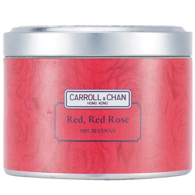 100% beeswax tin candle in Red Red Rose scent, features wooden wicks, eco-friendly, burns for 25 hours, hand-poured in Hong Kong.
