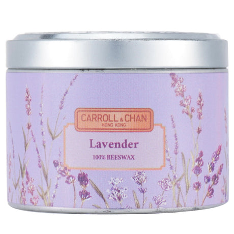 100% beeswax tin candle in lavender, featuring a wooden wick, eco-friendly design, and 25-hour burn time, perfect for relaxation.