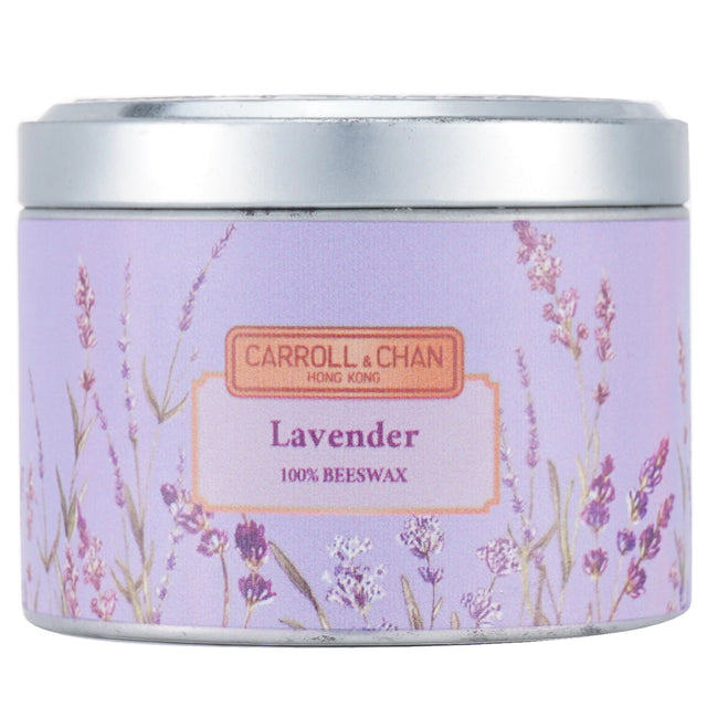 100% beeswax tin candle in lavender, featuring a wooden wick, eco-friendly design, and 25-hour burn time, perfect for relaxation.