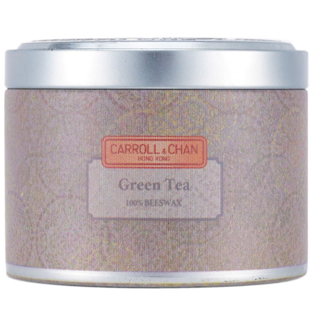 100% beeswax tin candle in Green Tea scent, eco-friendly, wooden wick, 25-hour burn time, hand-poured in Hong Kong.
