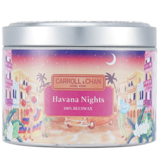 100% beeswax candle in a tin, Havana Nights scent with wooden wicks, eco-friendly, burns for 25 hours, hand-poured in Hong Kong.