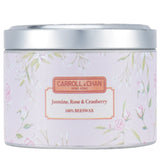 Beeswax tin candle in Jasmine Rose Cranberry scent, featuring wooden wicks for a clean burn and soothing ambiance.