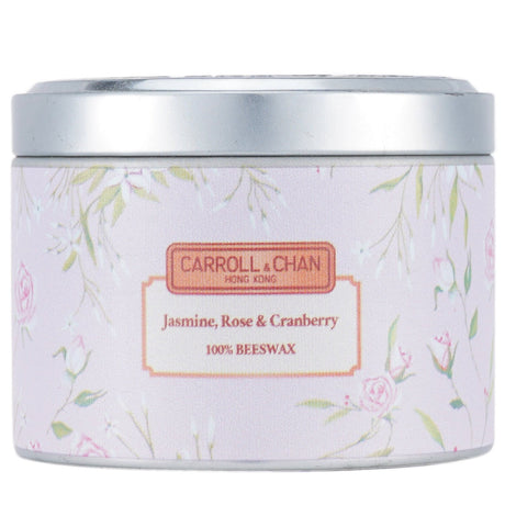 Beeswax tin candle in Jasmine Rose Cranberry scent, featuring wooden wicks for a clean burn and soothing ambiance.