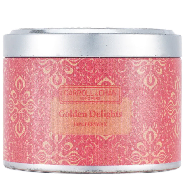 100% beeswax tin candle in golden hue, features wooden wick, eco-friendly, 25-hour burn time, hand-poured in Hong Kong.