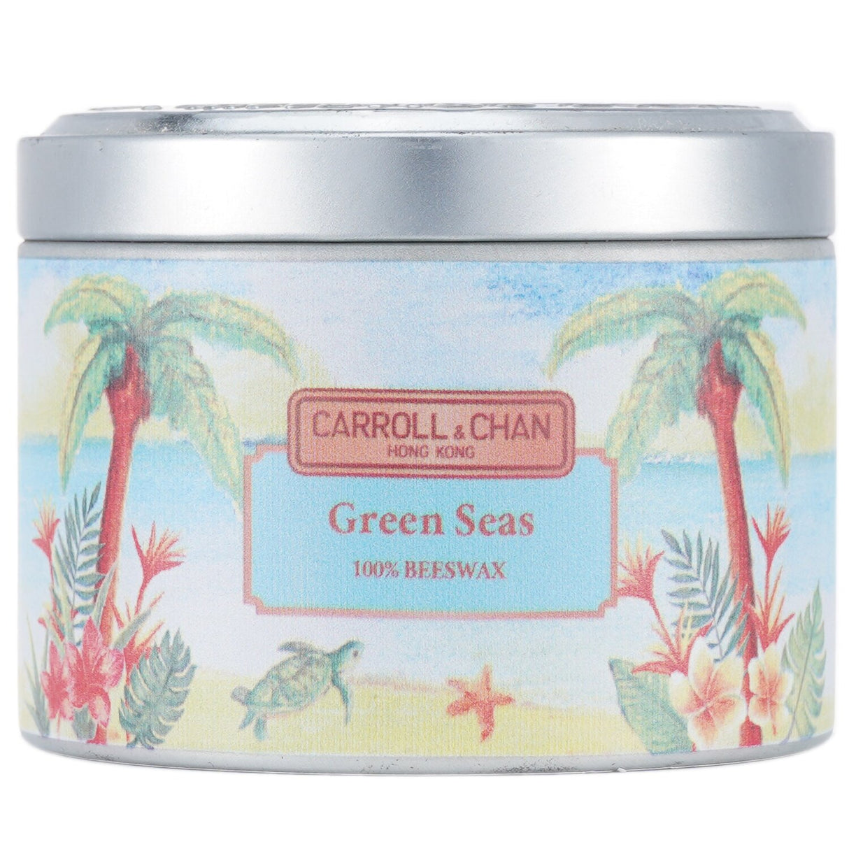 100% beeswax tin candle in Green Seas scent, featuring wooden wicks for a clean burn; eco-friendly and hand-poured in Hong Kong.