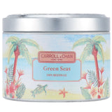 100% beeswax tin candle in Green Seas scent, featuring wooden wicks for a clean burn; eco-friendly and hand-poured in Hong Kong.