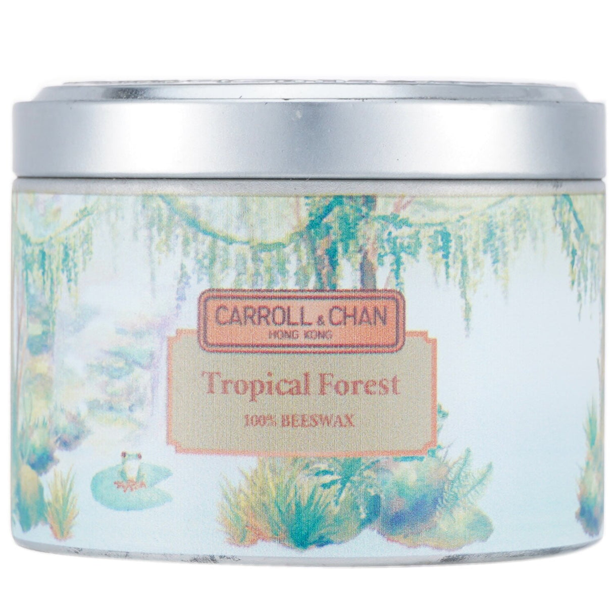 Carroll & Chan 100% beeswax tin candle in Tropical Forest, 8x6 cm, featuring wooden wicks and eco-friendly packaging.