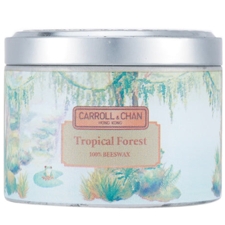 Carroll & Chan 100% beeswax tin candle in Tropical Forest, 8x6 cm, featuring wooden wicks and eco-friendly packaging.