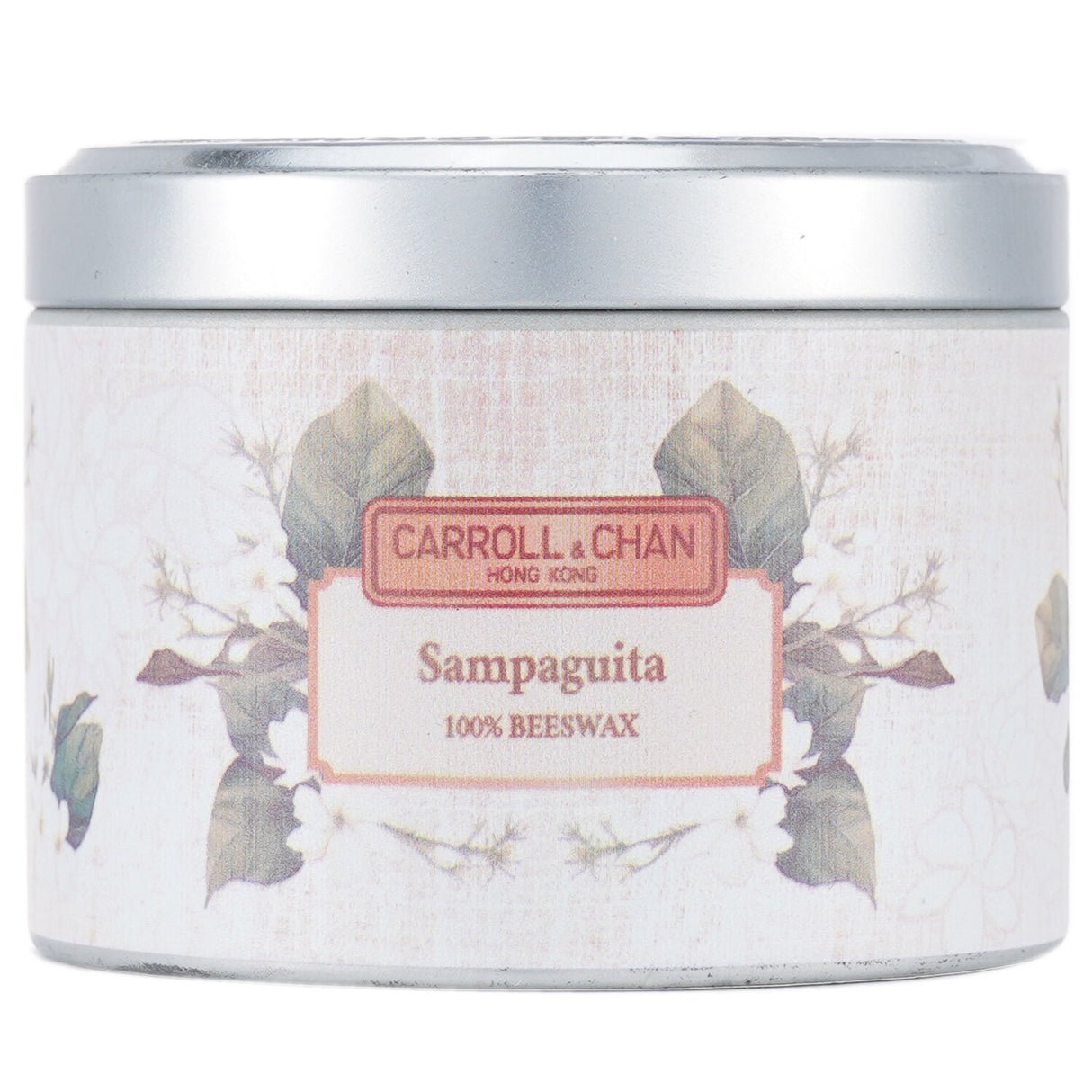 100% beeswax tin candle in Sampaguita scent, eco-friendly, with wooden wick for clean burn and 25 hours of soothing illumination.