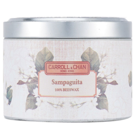 100% beeswax tin candle in Sampaguita scent, eco-friendly, with wooden wick for clean burn and 25 hours of soothing illumination.