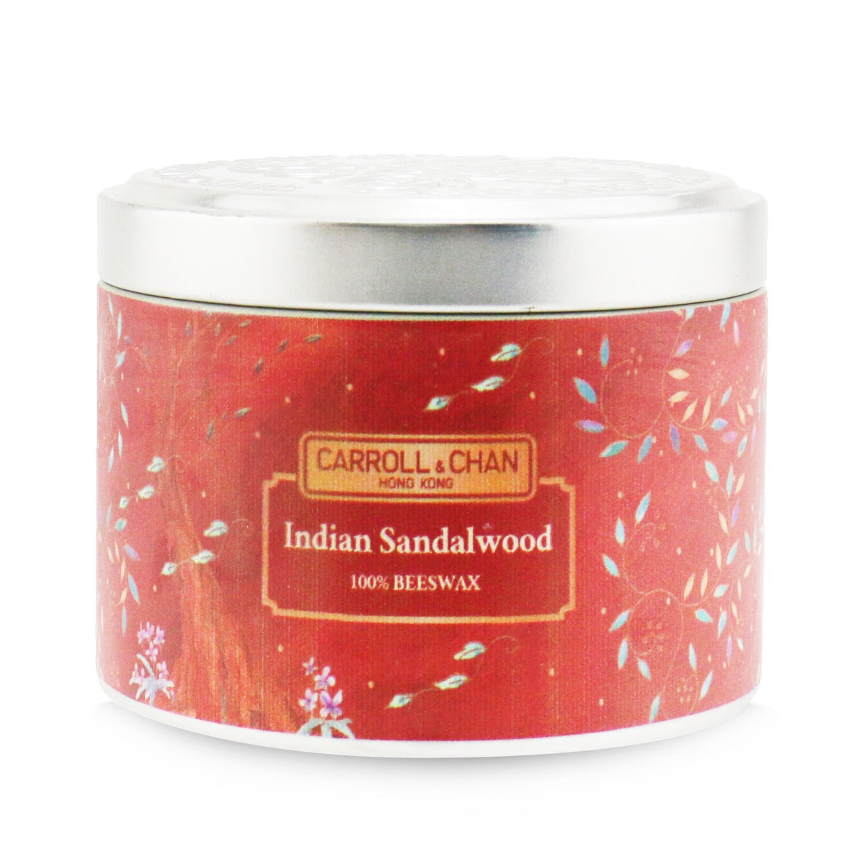 100% beeswax tin candle in Indian sandalwood, eco-friendly, hand-poured, with wooden wick for a clean, soothing burn.