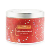 100% beeswax tin candle in Indian sandalwood, eco-friendly, hand-poured, with wooden wick for a clean, soothing burn.