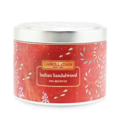 100% beeswax tin candle in Indian sandalwood, eco-friendly, hand-poured, with wooden wick for a clean, soothing burn.
