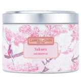 Beeswax tin candle in Sakura scent, 8x6 cm, featuring a wooden wick for a clean burn and eco-friendly packaging.