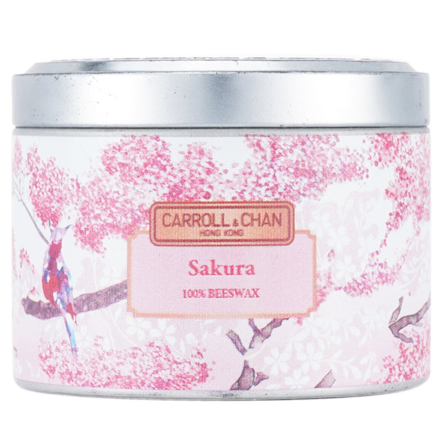 Beeswax tin candle in Sakura scent, 8x6 cm, featuring a wooden wick for a clean burn and eco-friendly packaging.