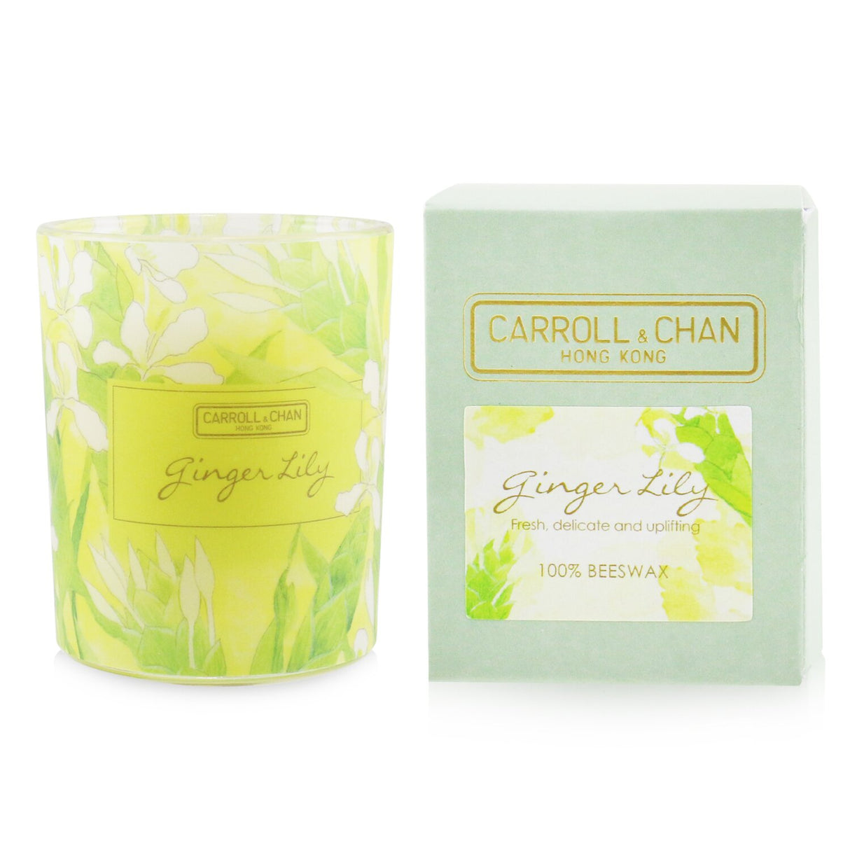 100% beeswax votive candle in recycled glass jar, emitting soothing ginger lily scent for a clean, eco-friendly ambiance.
