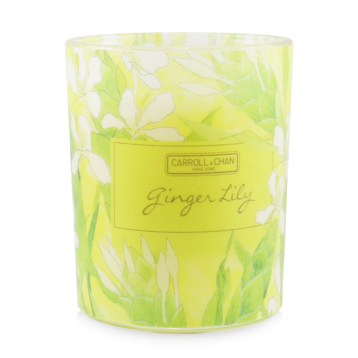 Beeswax votive candle in recycled glass jar, featuring soothing ginger lily scent and natural cotton wick for clean burning.