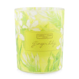 Beeswax votive candle in recycled glass jar, featuring soothing ginger lily scent and natural cotton wick for clean burning.