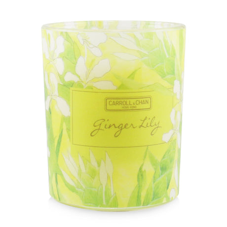 Beeswax votive candle in recycled glass jar, featuring soothing ginger lily scent and natural cotton wick for clean burning.